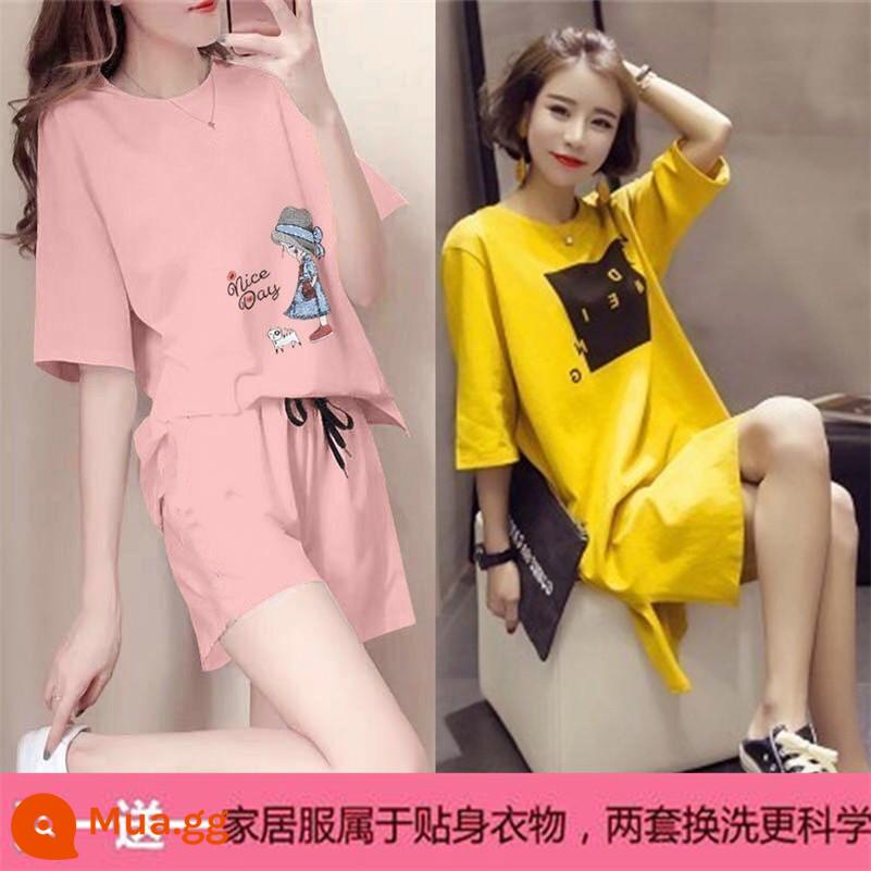 Mùa hè 2021 mới cotton áo thun ngắn tay nữ + quần short giản dị bộ đồ thể thao học sinh lưới đỏ bạn gái 2 bộ - X Công chúa hồng + Váy ca rô