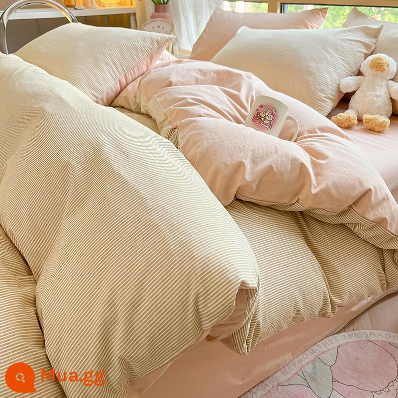 Bộ đồ giường bằng vải cotton nguyên chất đã giặt sạch Bộ bốn mảnh cotton nguyên chất 2023 Khăn trải giường và vỏ chăn trong ký túc xá sinh viên mới Bộ ba mảnh - M thoáng qua màu vàng mai [Nếu không phải là bông giả nguyên chất sẽ bị phạt gấp mười lần]