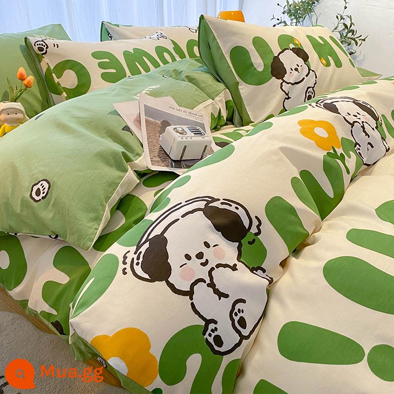 Ins Phong Cách Bắc Âu Giường Cotton Nguyên Chất Bộ 4 Bộ Cotton 100 Vỏ Chăn Ga Gối Chăn Ký Túc Xá Sinh Viên 3 Bộ Ga Giường - Con chó chữ M màu xanh lá cây