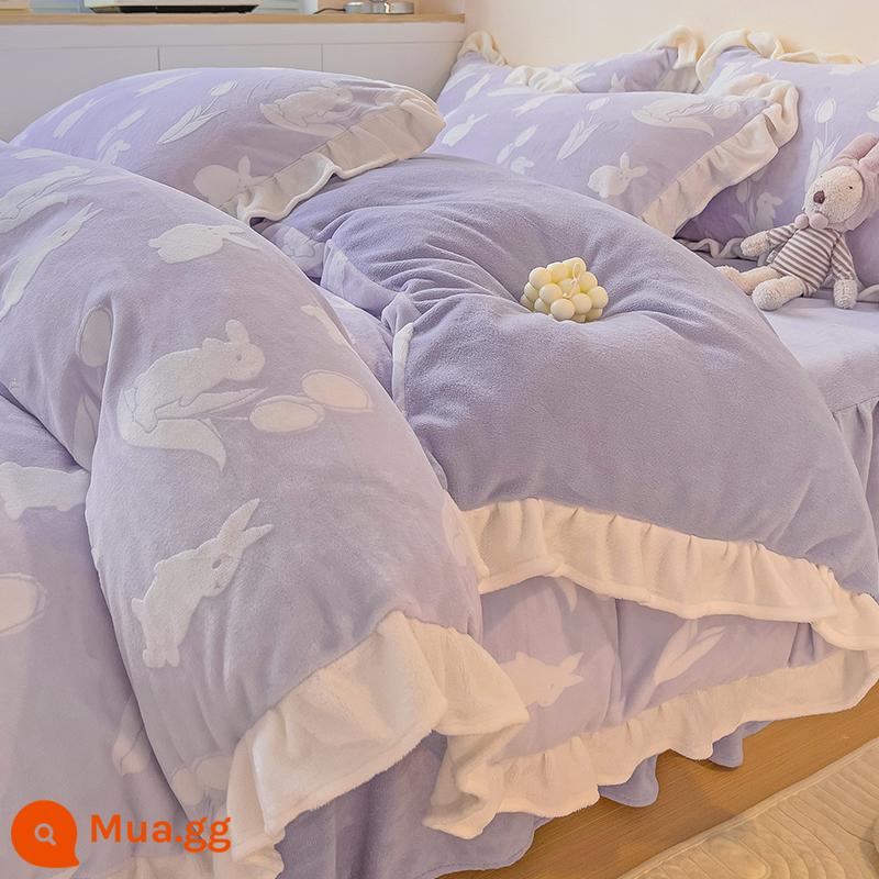 Bed Bed váy sữa Velvet Bốn bộ mền nhung san hô đôi Falerlan cộng với nhung ba giường nhóm - R Velvet Little Rabbit Tím