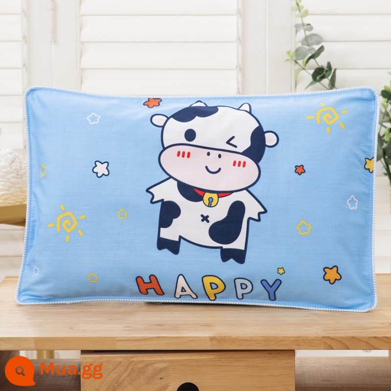 Cặp vỏ gối cotton trẻ em Vỏ gối cotton 30×50 gia dụng 1 vỏ gối đơn 40×60 - [Gói Đơn] Vỏ gối ZTM Happy Cow Blue DHF