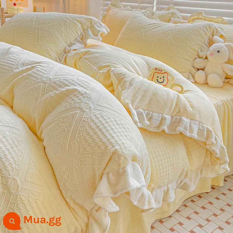 Bed Bed váy sữa Velvet Bốn bộ mền nhung san hô đôi Falerlan cộng với nhung ba giường nhóm - R Nhung Caroline Màu Vàng Ngỗng