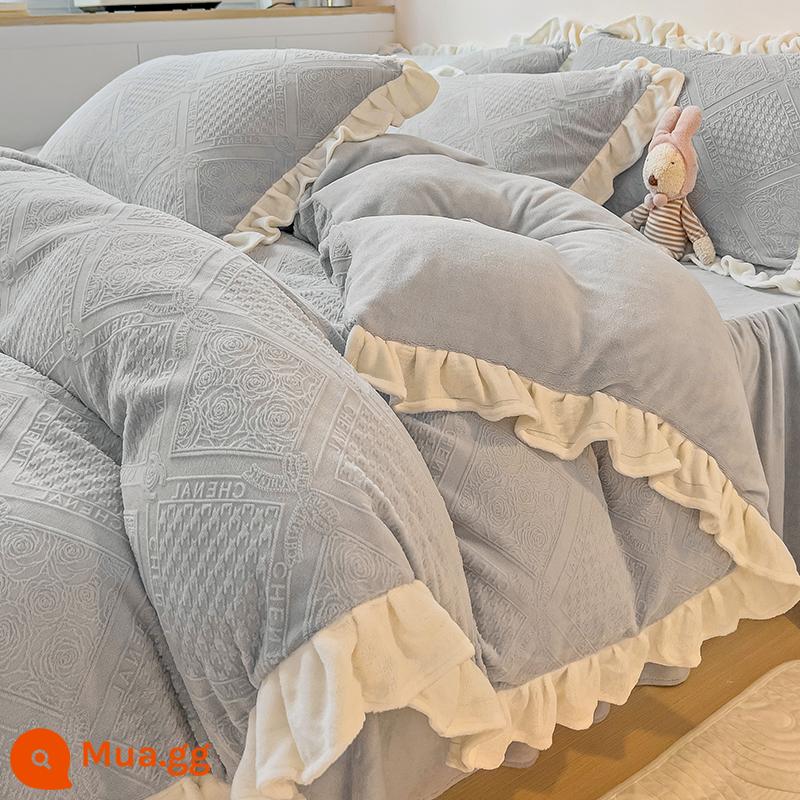 Bed Bed váy sữa Velvet Bốn bộ mền nhung san hô đôi Falerlan cộng với nhung ba giường nhóm - R Nhung Caroline Xám