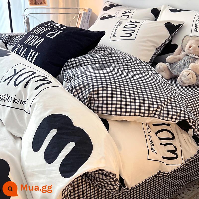 Bắc Âu Ins Phong Cách Giường Cotton Nguyên Chất Bộ 4 Cotton 100 Đơn Giản Kẻ Ca Rô Nam Giường Chăn Ga Ký Túc Xá Bộ 3 - M nét đơn giản HL