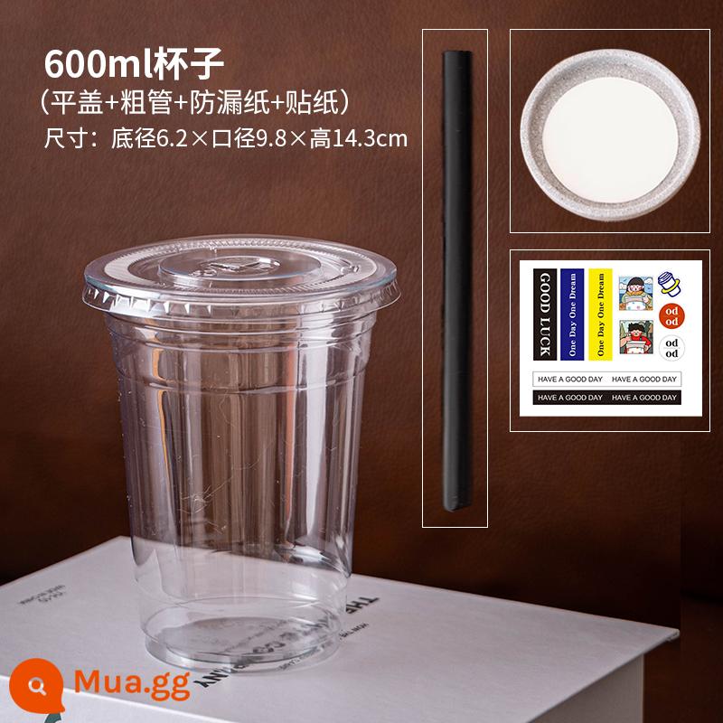 Cà Phê Trà Sữa Nhựa 500Ml Uống Trà Chanh Latte Đóng Gói Dùng Một Lần Bột Đá Lạnh Ly Uống Nước Có Nắp - Cốc 600ml + nắp phẳng + giấy chống rò rỉ + nhãn dán + [ống hút dày]