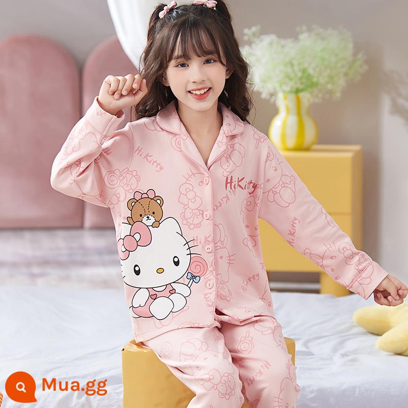 Bộ đồ ngủ trẻ em nữ mùa xuân và mùa thu cotton nguyên chất dài tay cho trẻ em trung và lớn mùa hè bé gái cardigan bé gái quần áo mặc ở nhà 12-15 tuổi - 33479-Xin chào