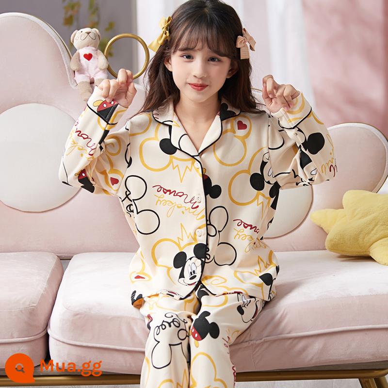 Bộ đồ ngủ trẻ em nữ mùa xuân và mùa thu cotton nguyên chất dài tay cho trẻ em trung và lớn mùa hè bé gái cardigan bé gái quần áo mặc ở nhà 12-15 tuổi - 33371-Mickey