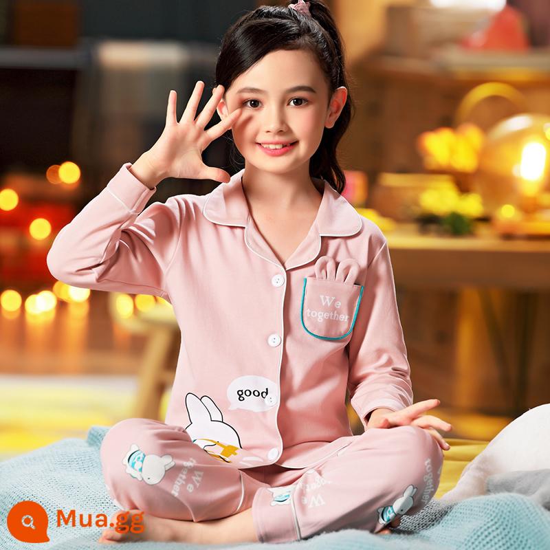 Bộ đồ ngủ trẻ em nữ mùa xuân và mùa thu cotton nguyên chất dài tay cho trẻ em trung và lớn mùa hè bé gái cardigan bé gái quần áo mặc ở nhà 12-15 tuổi - 66020-Thỏ Trắng Nhỏ [Cô Gái]