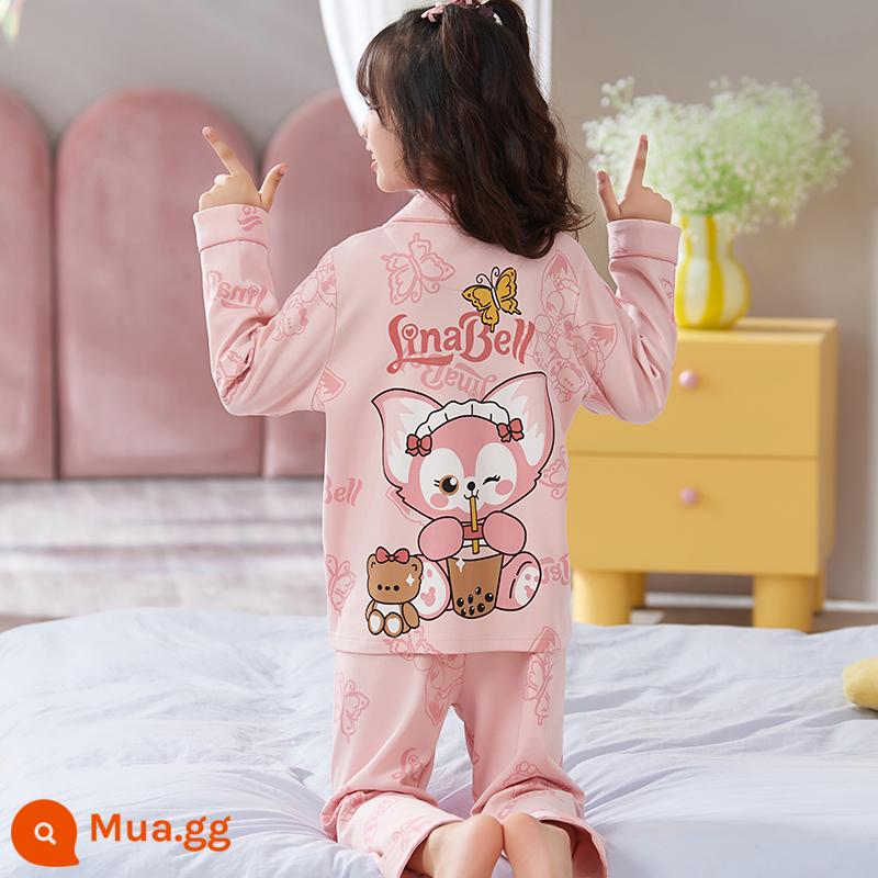 Bộ đồ ngủ trẻ em nữ mùa xuân và mùa thu cotton nguyên chất dài tay cho trẻ em trung và lớn mùa hè bé gái cardigan bé gái quần áo mặc ở nhà 12-15 tuổi - 33478-Lina Belle