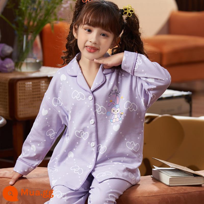 Bộ đồ ngủ trẻ em nữ mùa xuân và mùa thu cotton nguyên chất dài tay cho trẻ em trung và lớn mùa hè bé gái cardigan bé gái quần áo mặc ở nhà 12-15 tuổi - 66211-Xingdelou