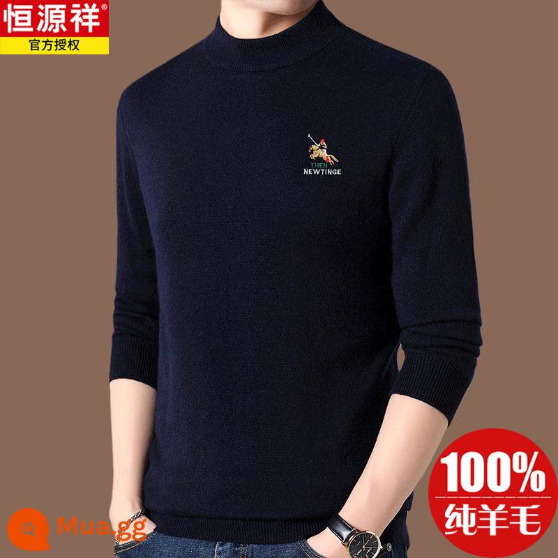 Hengyuanxiang chính hãng áo len len 100 len nam phong cách hot 2022 áo sơ mi đáy cashmere mới mùa thu đông - Áo cổ lọ nửa cổ xanh navy [Hao 8909]