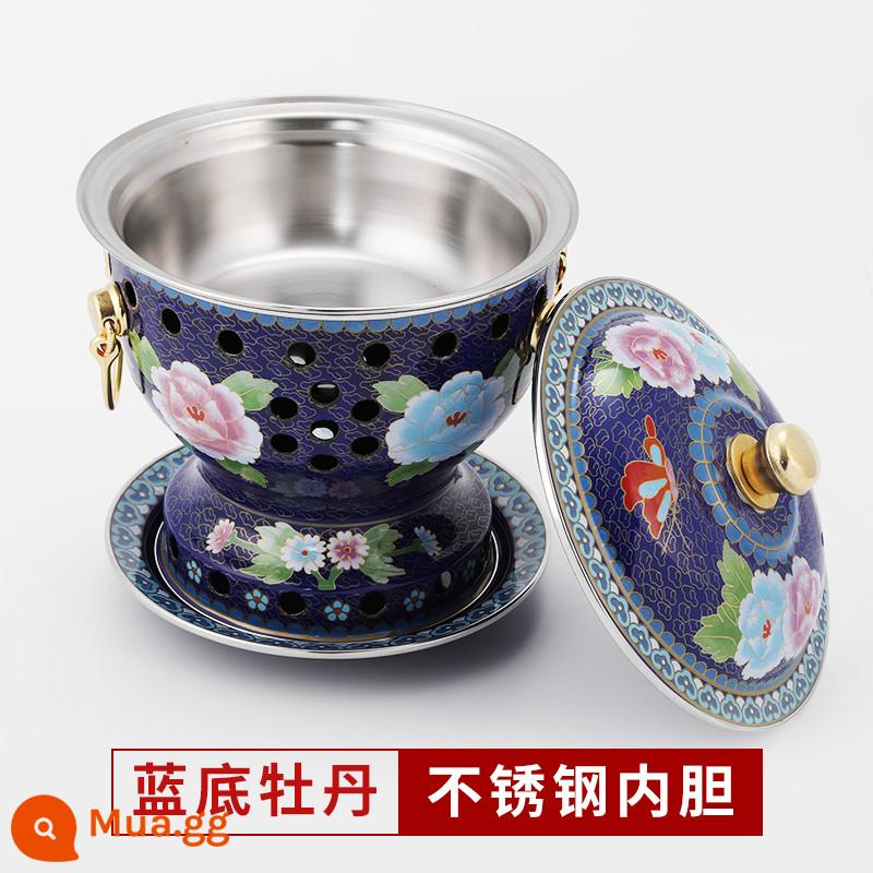 Cloisonne nồi lẩu đồng đặc cồn đồng nguyên chất nồi đồng bếp cồn đơn nồi lẩu nhỏ 1 người 1 nồi đồng hộ gia đình - Mẫu hoa mẫu đơn đáy xanh cực dày [bình trong 304] đi kèm bình dầu 4 lõi + 2 lần đổ xăng