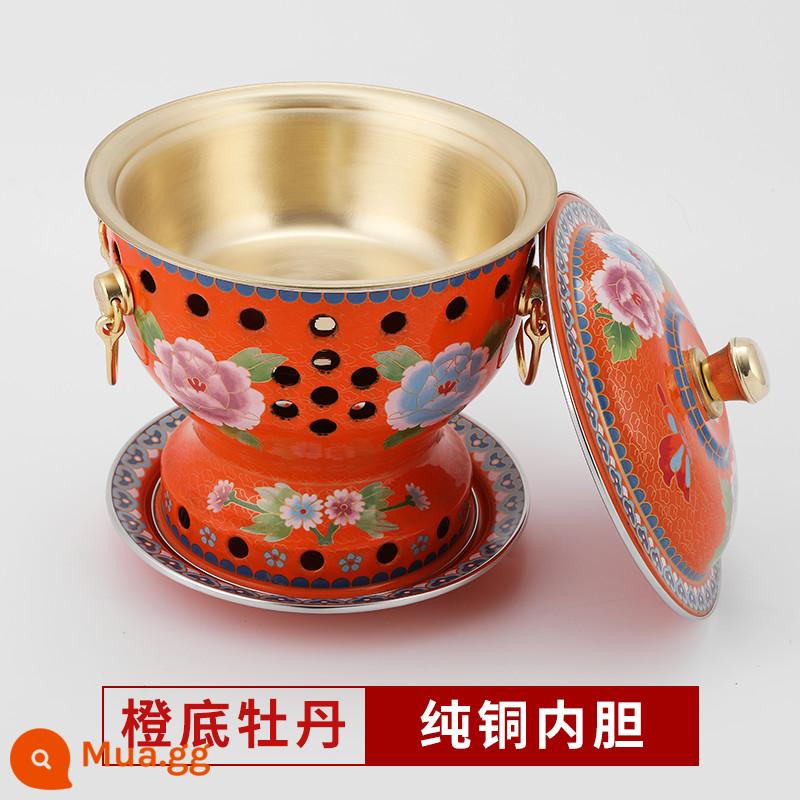 Cloisonne nồi lẩu đồng đặc cồn đồng nguyên chất nồi đồng bếp cồn đơn nồi lẩu nhỏ 1 người 1 nồi đồng hộ gia đình - Mẫu hoa mẫu đơn đáy màu cam cực dày [lớp lót bằng đồng nguyên chất] đi kèm bình dầu 4 lõi + 2 lần đổ xăng