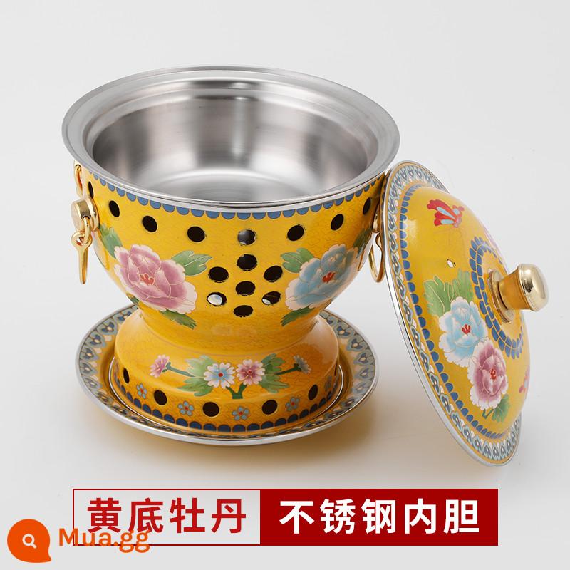 Cloisonne nồi lẩu đồng đặc cồn đồng nguyên chất nồi đồng bếp cồn đơn nồi lẩu nhỏ 1 người 1 nồi đồng hộ gia đình - Mẫu hoa mẫu đơn đáy vàng cực dày [bình trong 304] đi kèm bình dầu 4 lõi + 2 lần đổ xăng