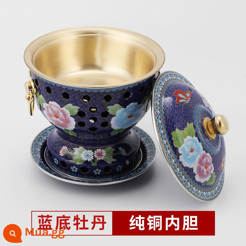 Cloisonne nồi lẩu đồng đặc cồn đồng nguyên chất nồi đồng bếp cồn đơn nồi lẩu nhỏ 1 người 1 nồi đồng hộ gia đình - Mẫu hoa mẫu đơn đáy xanh cực dày [lớp lót bằng đồng nguyên chất] đi kèm bình dầu 4 lõi + 2 lần đổ xăng