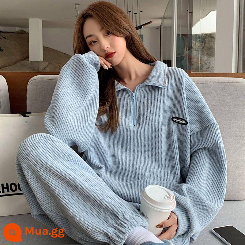 Mùa Đông Plus Nhung Cotton Dày Dặn T Quần Bộ Đồ Thể Thao Nữ Nhỏ Mùa Xuân Và Mùa Thu Bánh Thường Chạy Phù Hợp Với 2 bộ - Phong cách xuân thu xanh mỏng