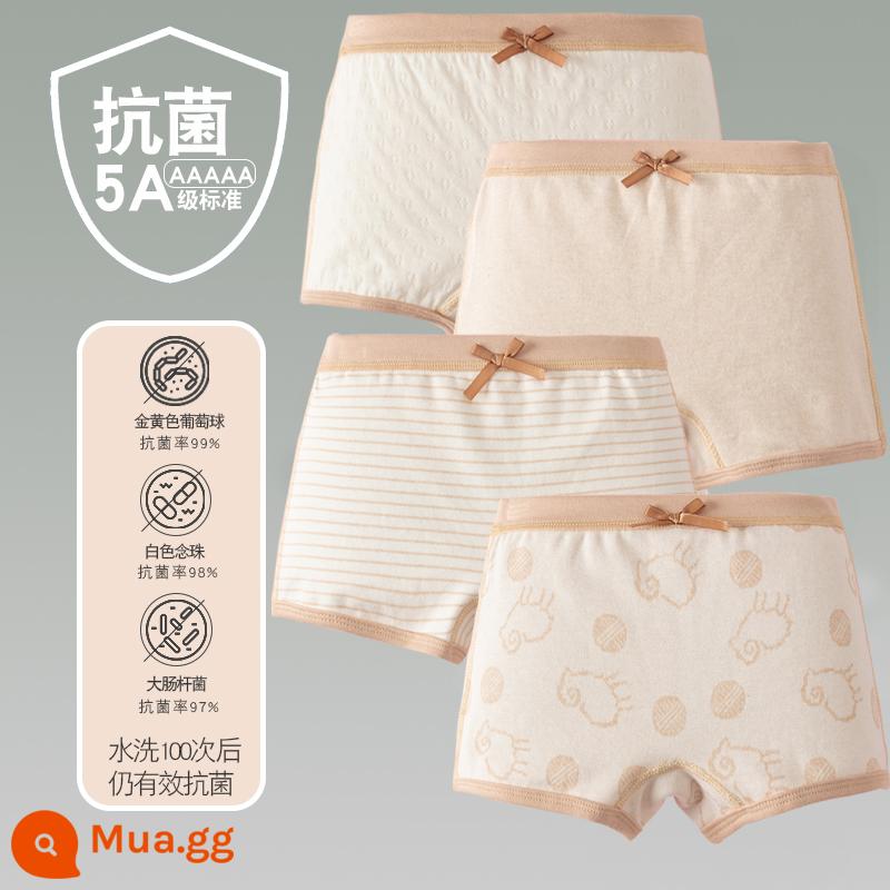 Quần lót trẻ em cotton bé gái quần lót boxer quần trẻ em tam giác trẻ em 2-18 tuổi cotton màu kháng khuẩn không dấu vết - 4 gói-Bốn Mùa Bé Gái Boxer Nâu Nâu Sọc Cừu Trắng