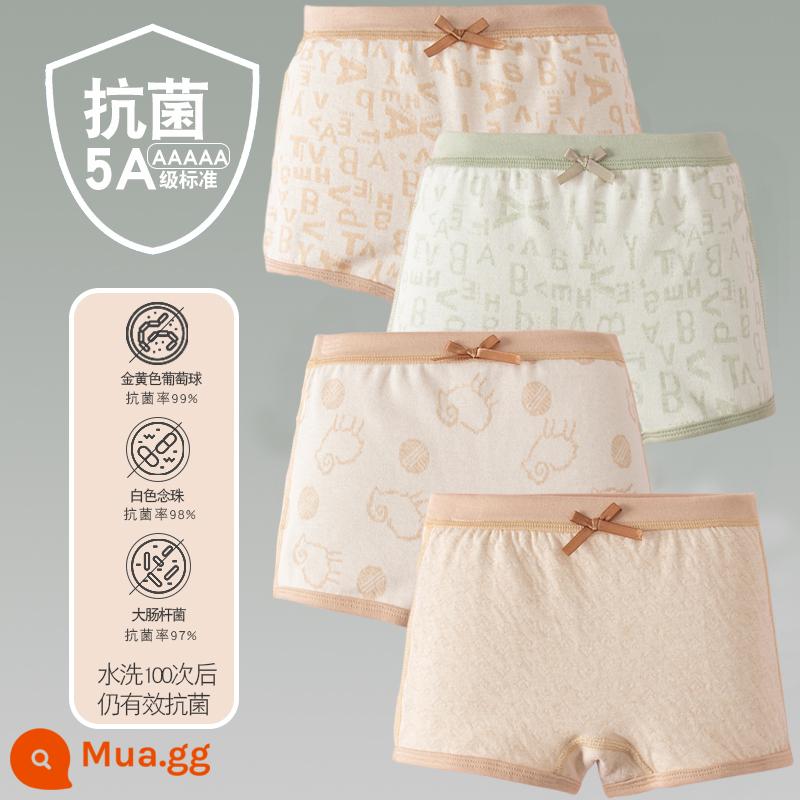 Quần lót trẻ em cotton bé gái quần lót boxer quần trẻ em tam giác trẻ em 2-18 tuổi cotton màu kháng khuẩn không dấu vết - 4 gói-Four Seasons Girls Boxer Letter Brown Letter Green Lamb Love Brown