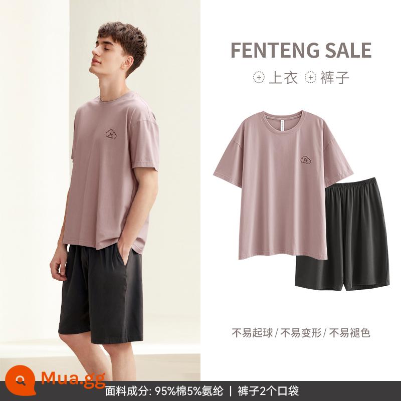 Fenteng Couple Homewear Bộ đồ ngủ mùa hè ngắn tay cho nữ Cotton nguyên chất Phần mỏng Mát mẻ Mùa hè nam Bộ đồ trẻ trung kích thước lớn - L98324129Tinh bột củ sen (nam)