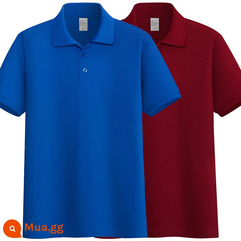 220G Cotton Áo Sơ Mi Áo Thun Nam Ngắn Tay Ve Áo Rời Đồng Màu Trung Niên Piqué Cotton Mùa Hè Ralph Lauren Áo Sơ Mi - Xanh sapphire + đỏ rượu vang