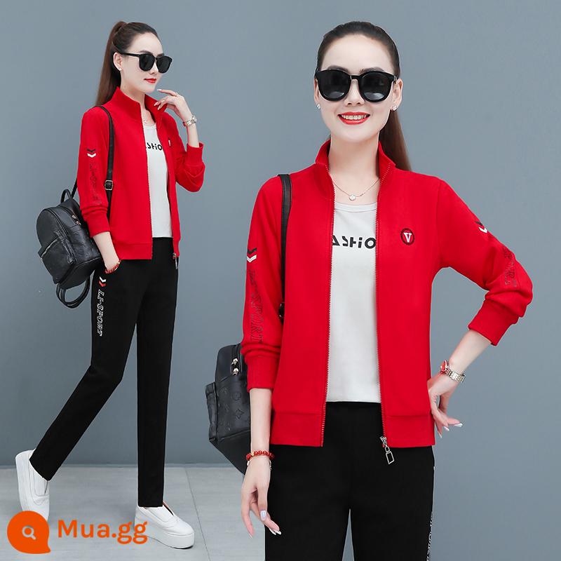 Bộ đồ thể thao nữ mùa xuân và mùa thu ba mảnh phù hợp với áo cardigan cổ đứng áo màu trắng thời trang chạy bộ thể thao - Bộ ba mảnh 8507 màu đỏ