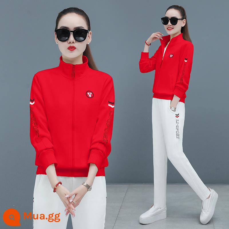 Bộ đồ thể thao nữ mùa xuân và mùa thu ba mảnh phù hợp với áo cardigan cổ đứng áo màu trắng thời trang chạy bộ thể thao - Bộ ba món màu đỏ trắng 8507