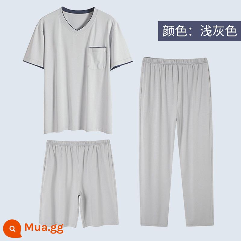 Modal pyjamas nam bộ đồ ba mảnh quần dài tay ngắn mùa hè cotton nguyên chất phục vụ tại nhà cho nam bộ đồ mùa xuân và mùa thu - X2195 xám nhạt, mát mẻ về mùa hè, thoáng khí, không ngột ngạt