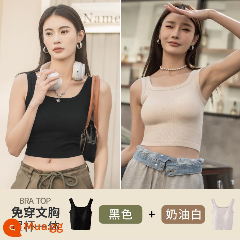 Áo vest nữ mặc bên trong mùa hè đai mỏng đệm ngực màu trắng nhỏ xinh lưng vest áo ngực tích hợp đáy áo khoác ngoài áo khoác - [Đen + Trắng Kem]