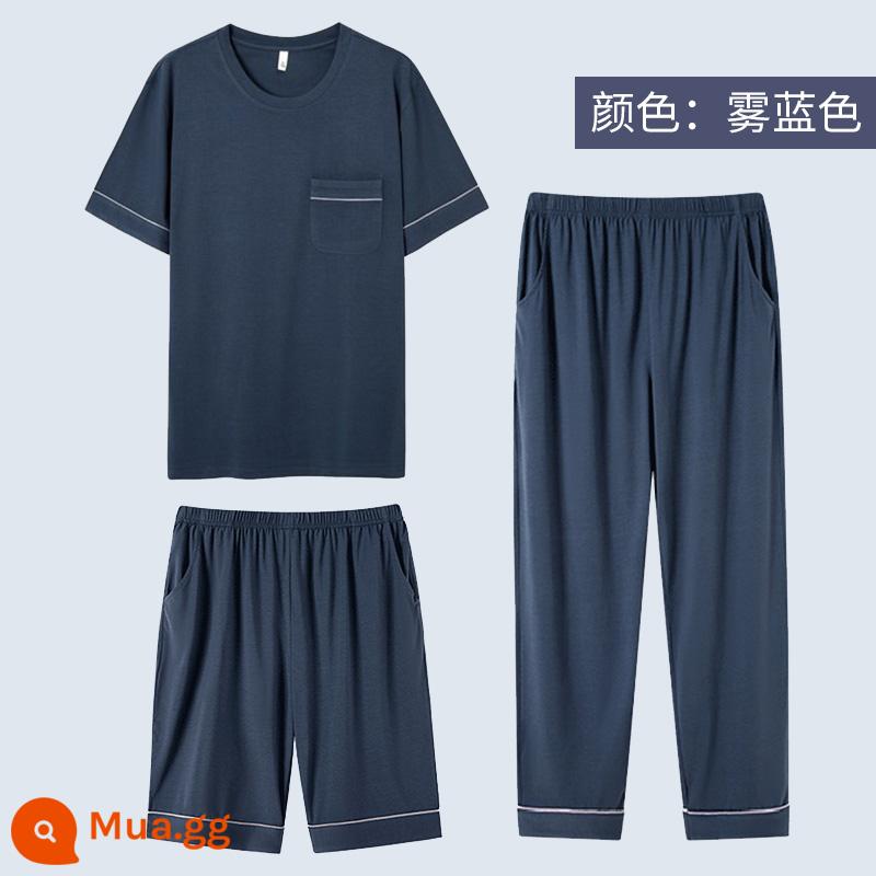 Modal pyjamas nam bộ đồ ba mảnh quần dài tay ngắn mùa hè cotton nguyên chất phục vụ tại nhà cho nam bộ đồ mùa xuân và mùa thu - Màu xanh sương mù, mát mẻ vào mùa hè, thoáng khí, không ngột ngạt