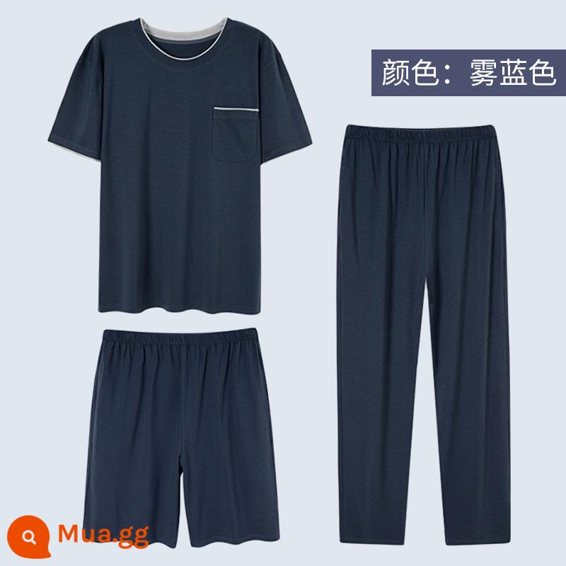 Modal pyjamas nam bộ đồ ba mảnh quần dài tay ngắn mùa hè cotton nguyên chất phục vụ tại nhà cho nam bộ đồ mùa xuân và mùa thu - X2162 màu xanh sương mù, mát mẻ vào mùa hè, thoáng khí, không ngột ngạt