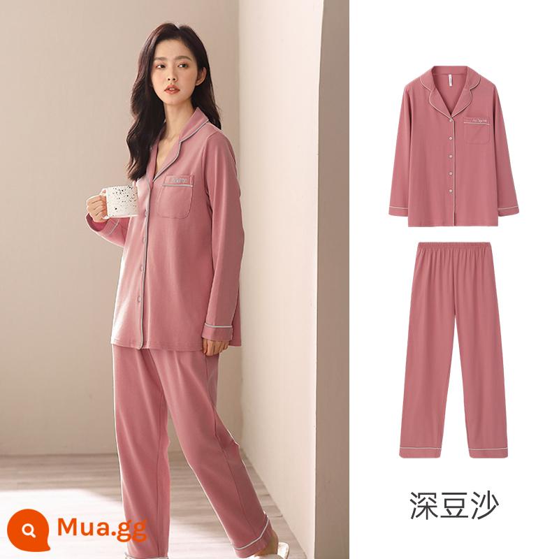 Anzhiban Cặp Đôi Bộ Đồ Ngủ Nữ Xuân Thu Dài Tay Nguyên Chất Cotton Rời Cổ Cao Cấp Mặc Ở Nhà bộ Kích Thước Lớn - Bột đậu sâu-nữ