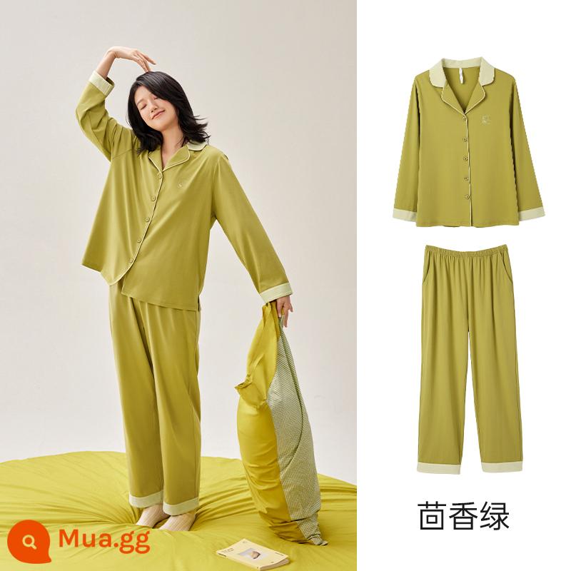 Anzhiban Cặp Đôi Bộ Đồ Ngủ Nữ Xuân Thu Dài Tay Nguyên Chất Cotton Rời Cổ Cao Cấp Mặc Ở Nhà bộ Kích Thước Lớn - Một cây thì là xanh-Nữ