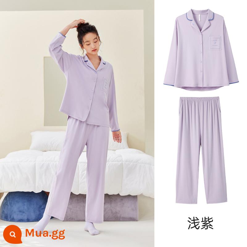 Anzhiban Cặp Đôi Bộ Đồ Ngủ Nữ Xuân Thu Dài Tay Nguyên Chất Cotton Rời Cổ Cao Cấp Mặc Ở Nhà bộ Kích Thước Lớn - Màu tím nhạt-nữ