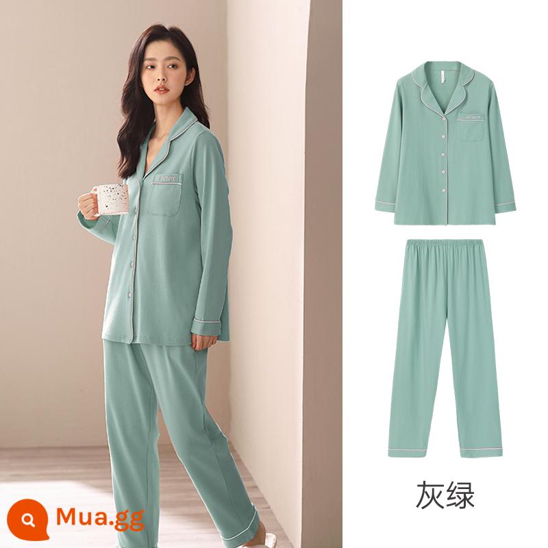 Anzhiban Cặp Đôi Bộ Đồ Ngủ Nữ Xuân Thu Dài Tay Nguyên Chất Cotton Rời Cổ Cao Cấp Mặc Ở Nhà bộ Kích Thước Lớn - Xám xanh-nữ