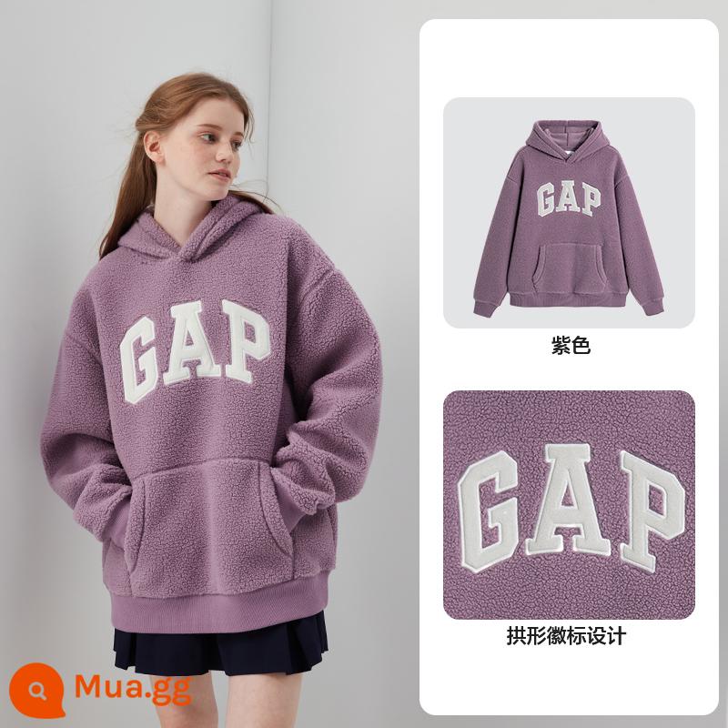 [Phong cách tương tự như Ouyang Nana] Áo thun nam nữ Gap mùa thu đông 2023 LOGO giả nhung cừu cotton dày 807084 áo - Màu tím