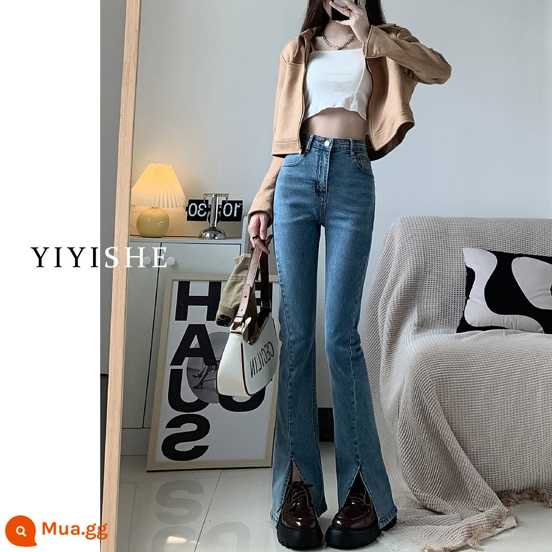 Quần jean bootcut màu đen xẻ tà nhung nữ mùa thu đông 2022 mới cao cấp eo thon co giãn lau quần ống loe - Màu xanh cổ điển chín điểm [kiểu đơn]