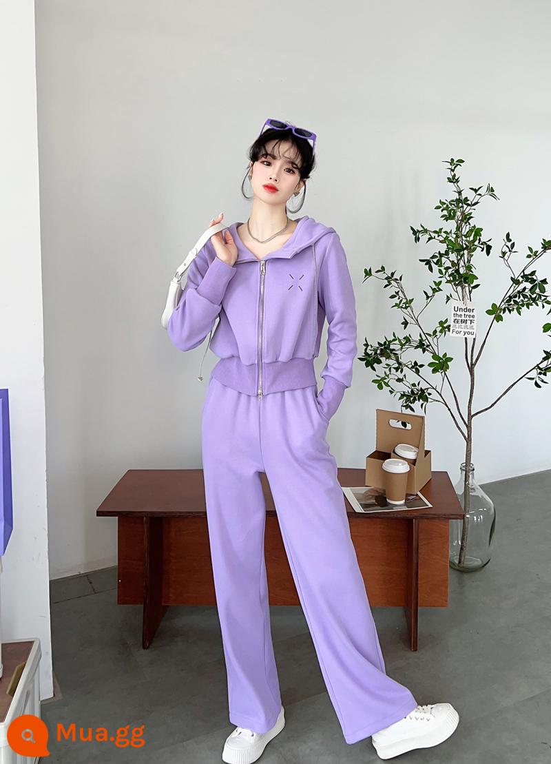 Châu Âu Hoodie Quần Ống Rộng Thời Trang Nữ Mùa Xuân 2023 Mới Nhỏ Nước Ngoài Phong Cách Thường Ngày 2 Phong Cách - màu tím