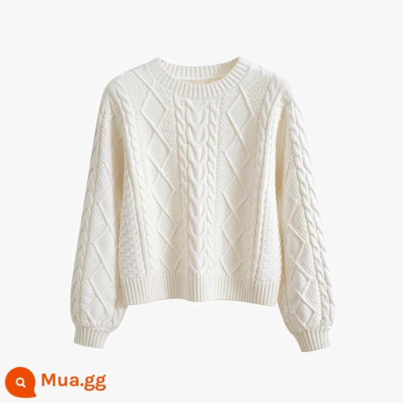 Oudan Nặng 100% Cotton Xoắn Áo Len Cổ Tròn Nữ Ngắn Rời Áo Chui Đầu Đan Mặc Đơn - màu trắng kem