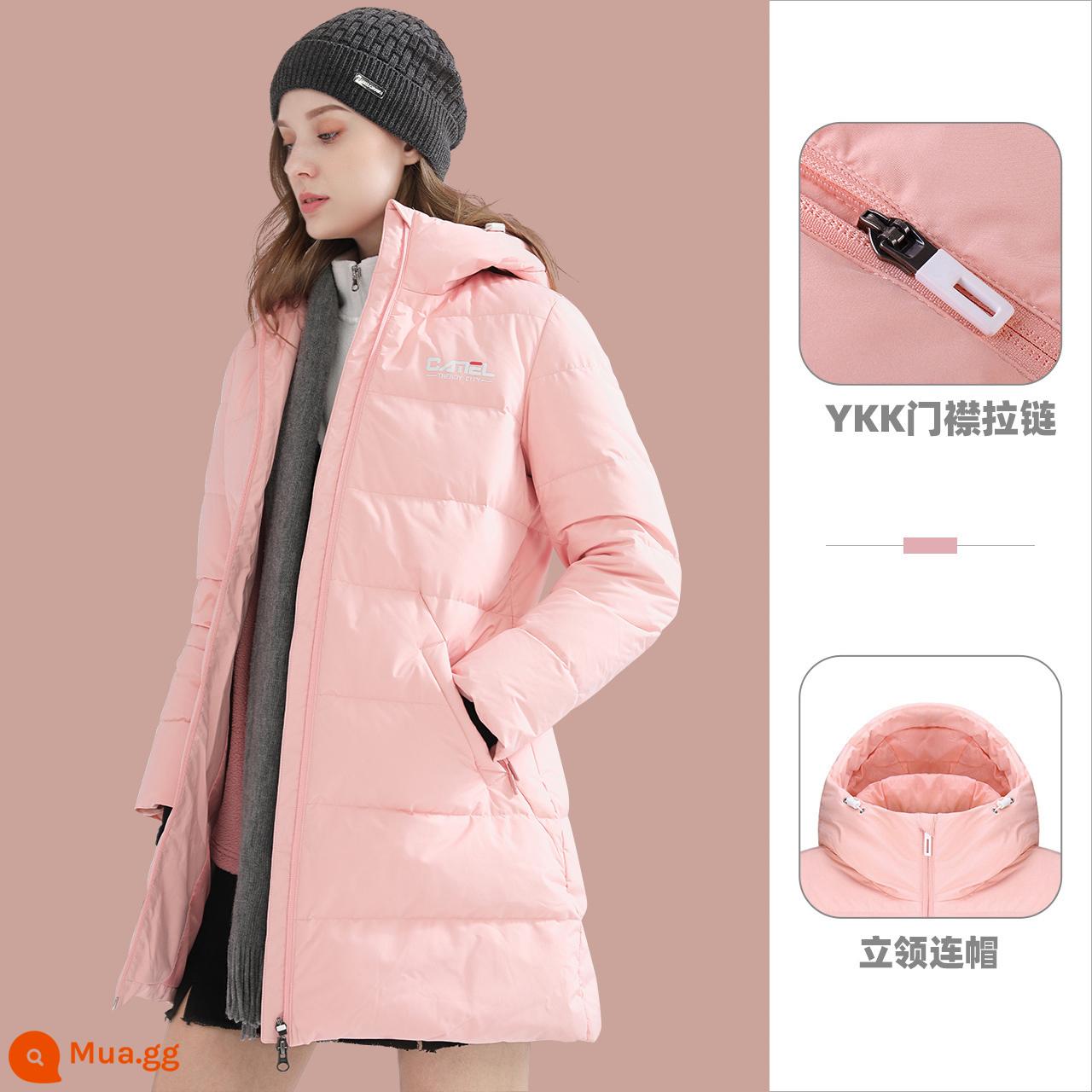 Camel Outdoor Down Áo khoác 2021 Mùa thu và mùa đông mới có thể chống nóng Gió mũ trùm đầu, áo khoác cotton bánh mì - N102/hồng san hô/phiên bản nữ dài vừa phải