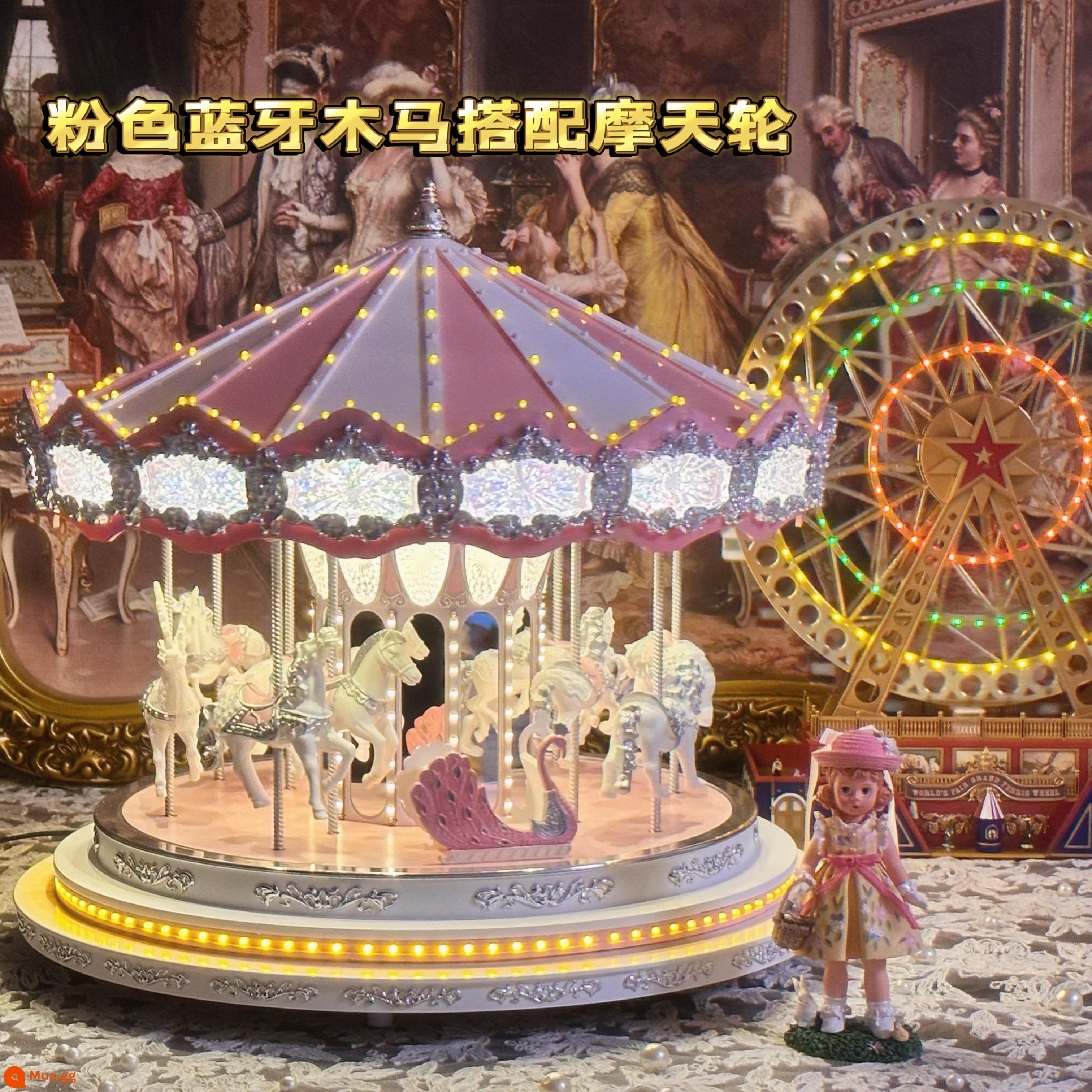 Mỹ Mr. Giáng Sinh bằng gỗ hộp nhạc thủ công carousel người yêu cô gái món quà sinh nhật - [Kết hợp công viên giải trí] Trojan âm thanh Bluetooth màu hồng + Vòng đu quay