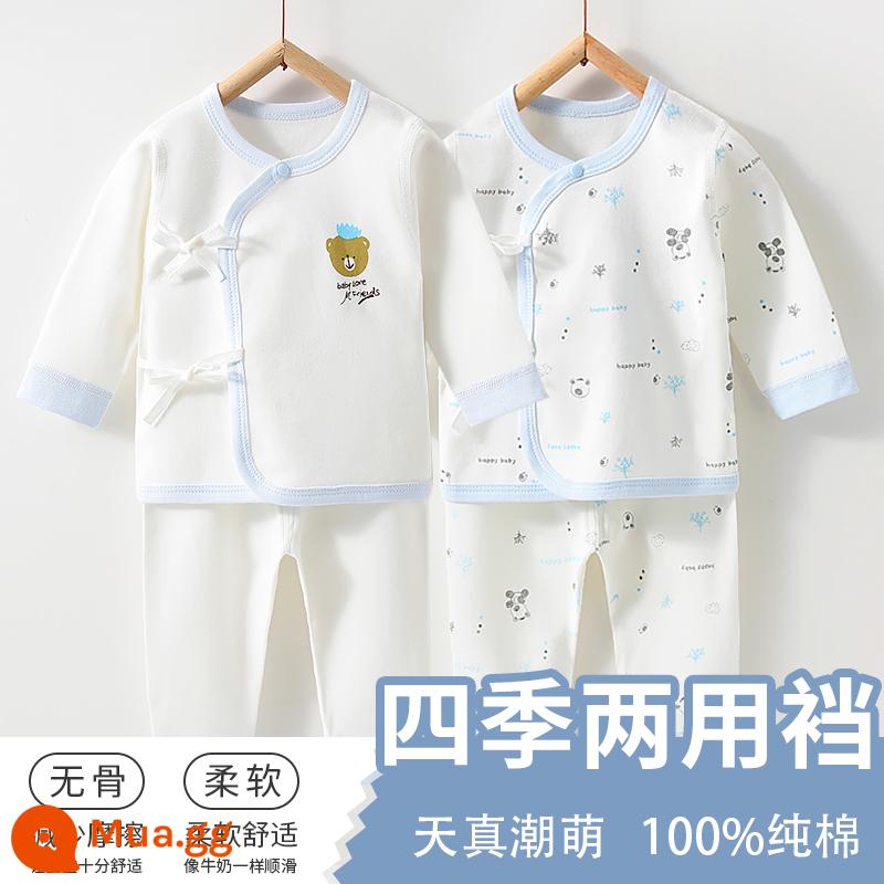 Bộ quần áo cho bé mùa xuân và mùa thu nguyên chất quần lót cotton 0-6 tháng tuổi sơ sinh đáy bộ đồ ngủ mùa xuân quần áo - Bộ 2 Gấu Xanh Nhạt [Thiết Bị Đa Năng Bốn Mùa]