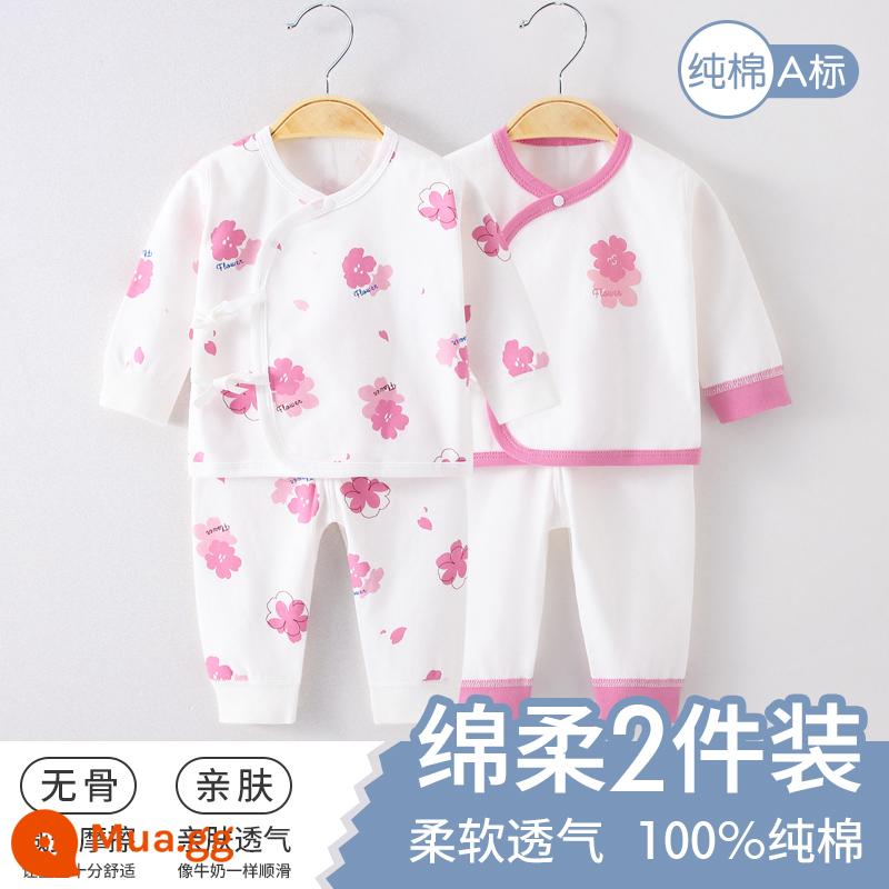 Bộ quần áo cho bé mùa xuân và mùa thu nguyên chất quần lót cotton 0-6 tháng tuổi sơ sinh đáy bộ đồ ngủ mùa xuân quần áo - Bộ Hai Màu Hồng Anh Đào [Bốn Mùa Hai Mục Đích]