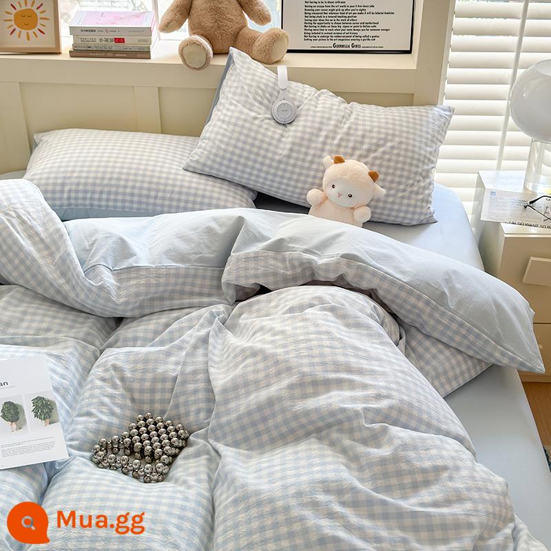 Giường cotton màu kem phong cách Bộ giường bốn mảnh ba mảnh ký túc xá sinh viên vỏ chăn bông nguyên chất tấm trải giường màu trơn - Giai đoạn gặp gỡ-lưới màu xanh nhạt-1