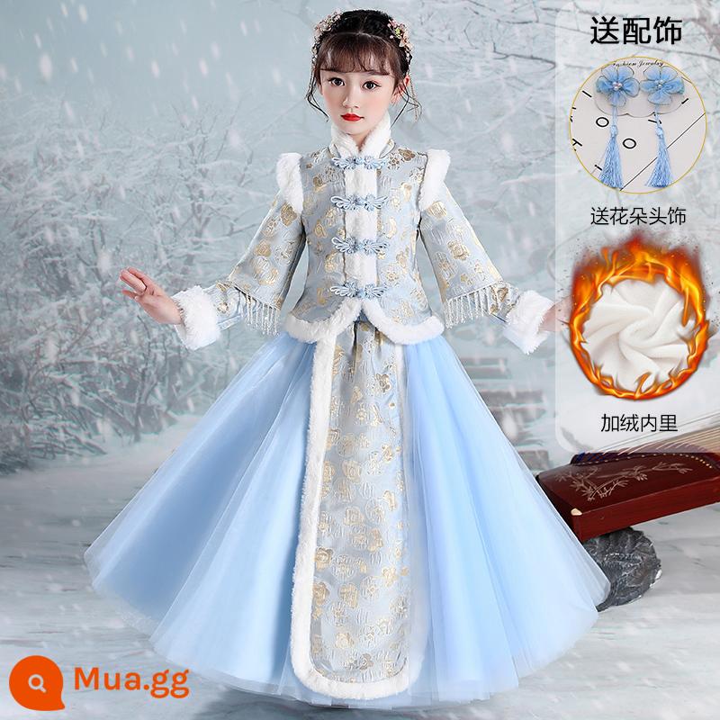 Quần áo năm mới bé gái Hanfu mùa đông trang phục cổ đại quần áo mùa đông cộng với nhung dày Tang phù hợp với sườn xám mùa đông bé phù hợp với trẻ em năm mới - 8926 Phụ Kiện Tóc Nhung Xanh + Tua Rua