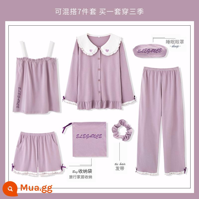 Yu Zhaolin 2022 bộ đồ ngủ bằng cotton nguyên chất dành cho nữ mới có đệm ngực dài tay mùa xuân và mùa thu bộ đồ bảy mảnh mùa thu dịch vụ tại nhà - YZL-XT9045