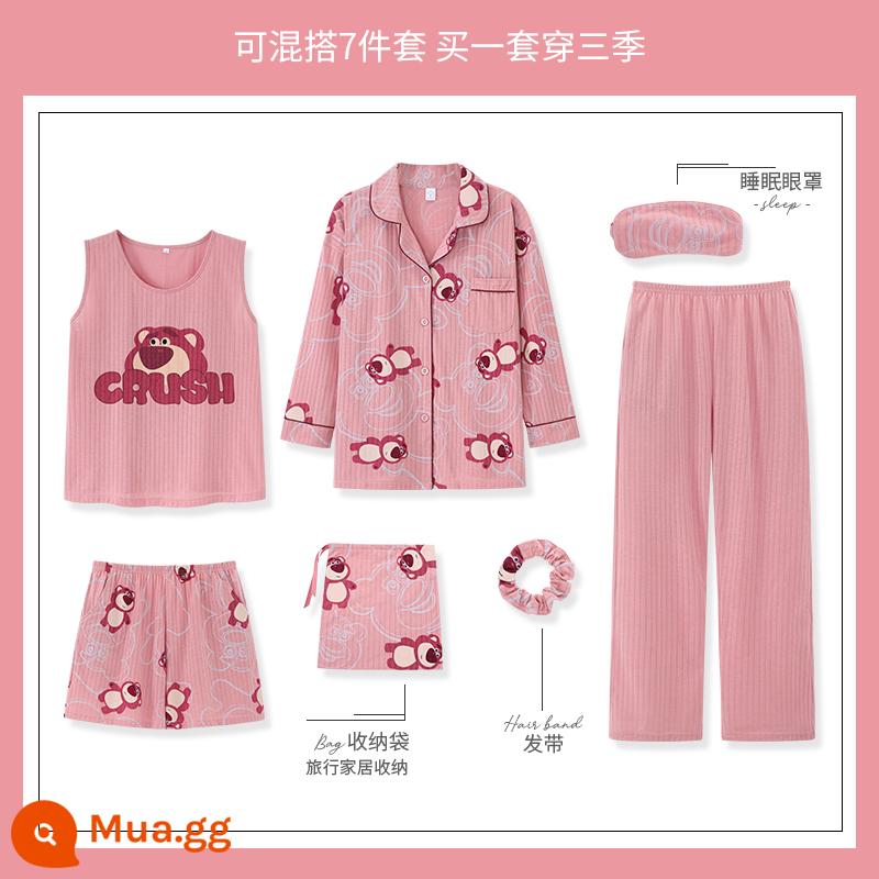 Yu Zhaolin 2022 bộ đồ ngủ bằng cotton nguyên chất dành cho nữ mới có đệm ngực dài tay mùa xuân và mùa thu bộ đồ bảy mảnh mùa thu dịch vụ tại nhà - Màu đỏ hồng ngọt ngào YZL-XT2208