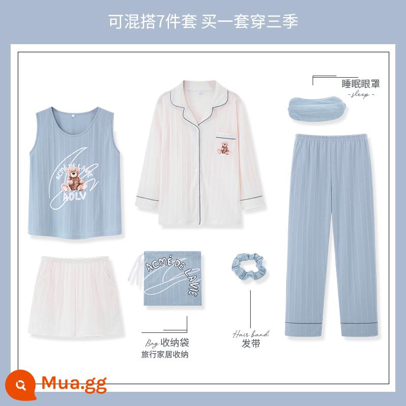 Yu Zhaolin 2022 bộ đồ ngủ bằng cotton nguyên chất dành cho nữ mới có đệm ngực dài tay mùa xuân và mùa thu bộ đồ bảy mảnh mùa thu dịch vụ tại nhà - Màu xanh da trời YZL-XT2214