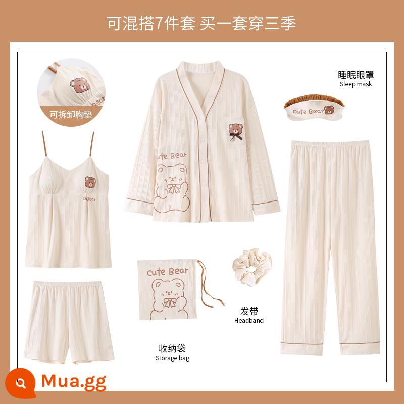 Yu Zhaolin 2022 bộ đồ ngủ bằng cotton nguyên chất dành cho nữ mới có đệm ngực dài tay mùa xuân và mùa thu bộ đồ bảy mảnh mùa thu dịch vụ tại nhà - YZL-QGL1631