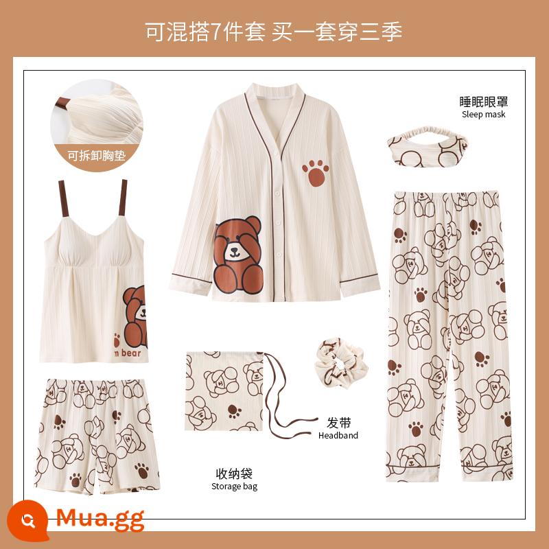 Yu Zhaolin 2022 bộ đồ ngủ bằng cotton nguyên chất dành cho nữ mới có đệm ngực dài tay mùa xuân và mùa thu bộ đồ bảy mảnh mùa thu dịch vụ tại nhà - YZL-QGL1633