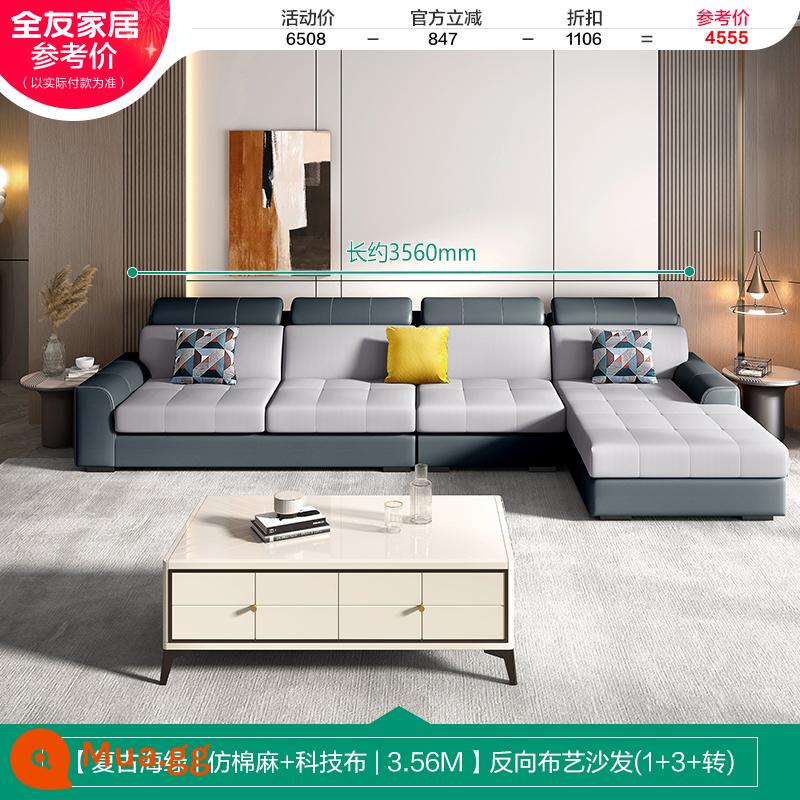 Quanyou Home Đơn Giản Hiện Đại Sofa Vải Hình Chữ L Phòng Khách Công Nghệ Vải Nội Thất Sofa Hoàng Phi 102251 - [Retro Sea Green C|Bông và vải lanh giả + vải kỹ thuật|3,56M] Sofa vải đảo ngược (1+3+bàn xoay)